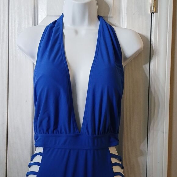 Aqua Eve Royal Blue Halter Plunge V neck side cut Bathing suit swim suit Sz M - Picture 3 of 7